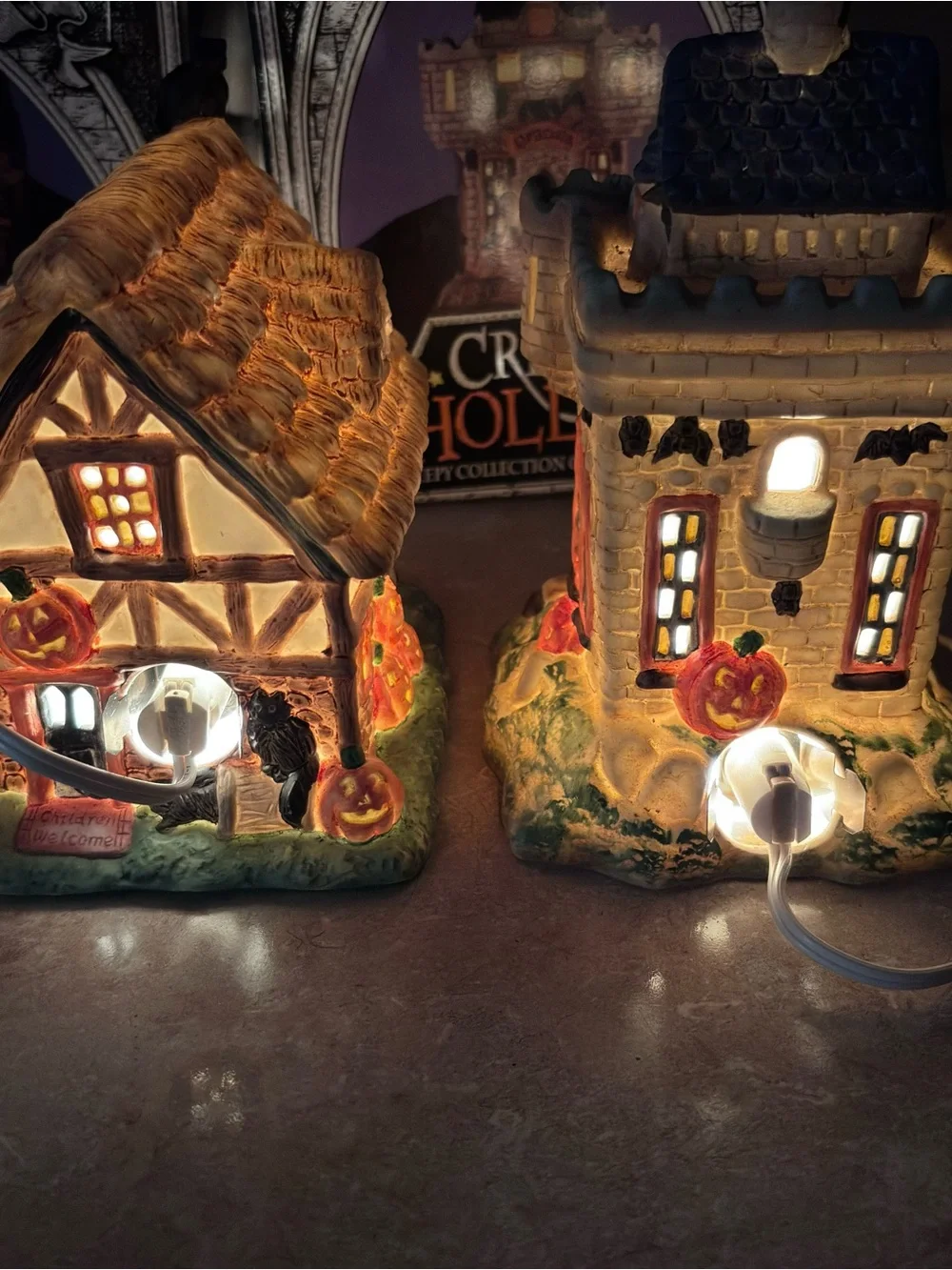 2-VTG Creepy Hollow Witches Cove&Draculas Castle Lighted Halloween House Midwest